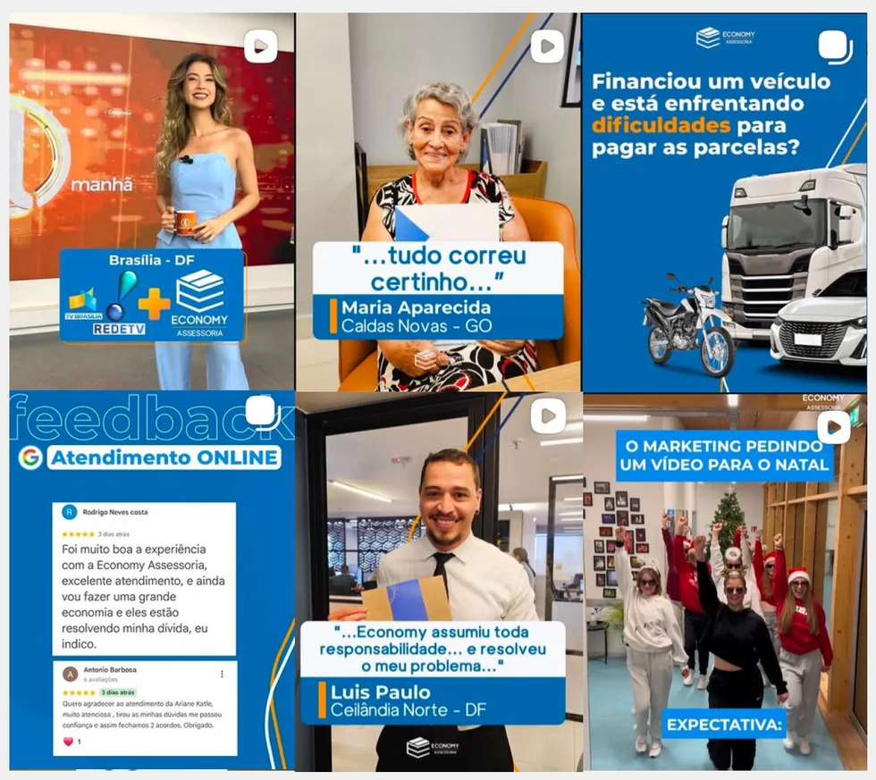 Feed da Economy Assessoria com depoimentos, presença em TV e conteúdos sobre renegociação de dívidas.