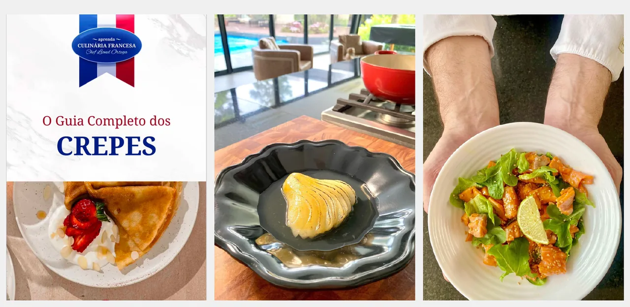 Criativos de gastronomia francesa com guia de crepes e fotos de pratos preparados pelo Chef Lionel Ortega.