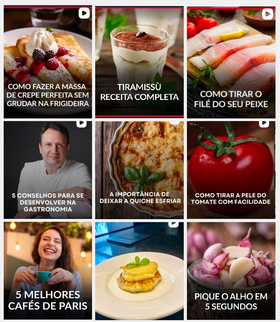 Feed do Chef Lionel Ortega com capas educativas sobre crepes, tiramisu, peixe, gastronomia e técnicas culinárias.