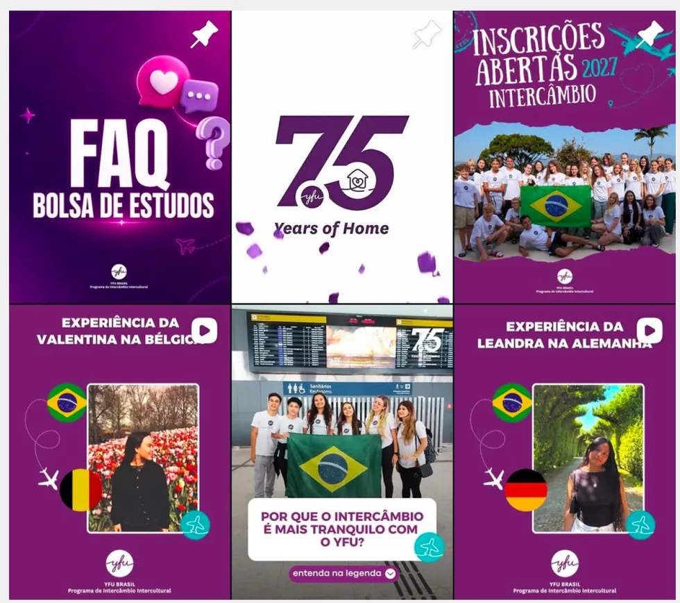 Feed da YFU Brasil com conteúdos de bolsa de estudos, 75 anos, inscrições abertas e experiências de intercâmbio.