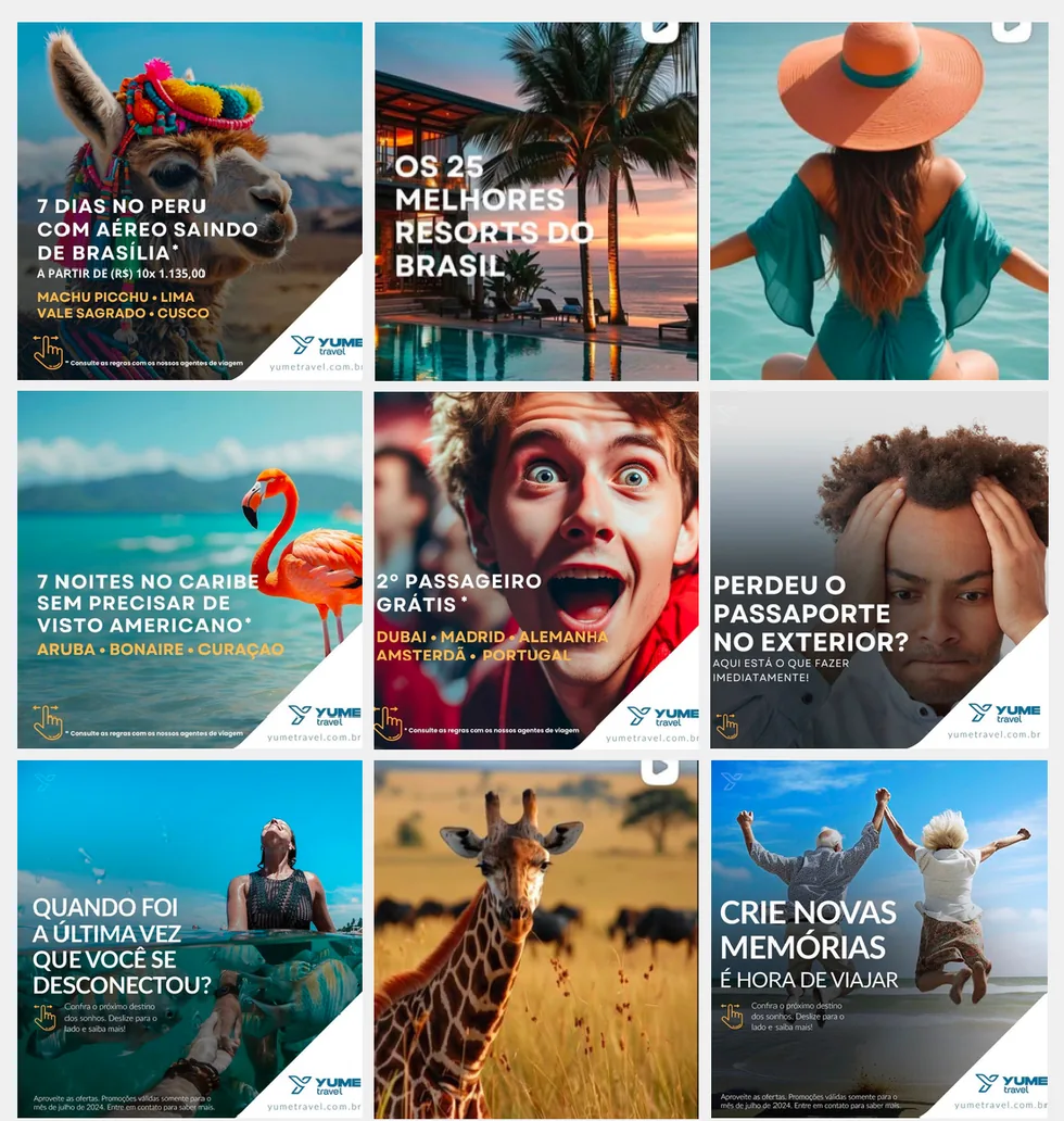 Feed da Yume Travel com criativos de destinos, resorts, Caribe, Peru e chamadas de viagem.